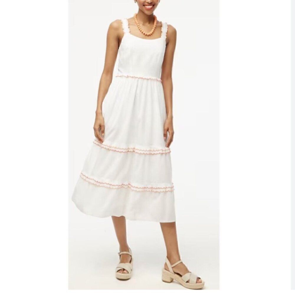 J.Crew Factory Scalloped-trim Tiered Midi Dress in White CA107 NWT